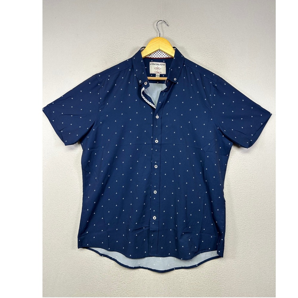 Nautical Preppy International Report Mens Large Navy Blue 4-Way Stretch SS Shirt